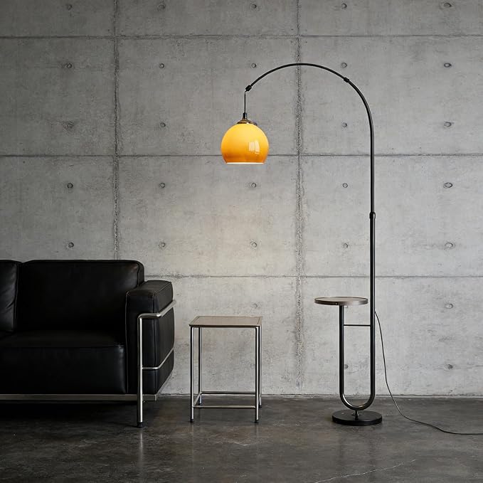 Orange Arch Floor Lamp with End Table – Mid-Century Modern Standing Lamp with Glass Shade, Marble Base & Walnut Finish for Living Room, Bedroom & Reading Corner - Bumble Shop