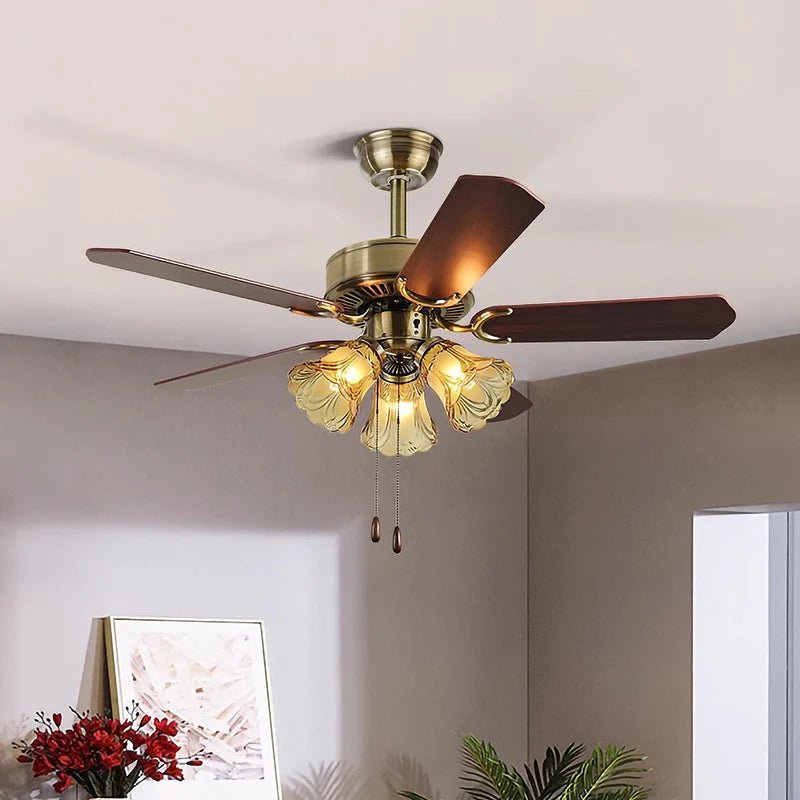 Wooden 5 Blade Ceiling Fan with Vintage Chandelier Light - Bumble Shop