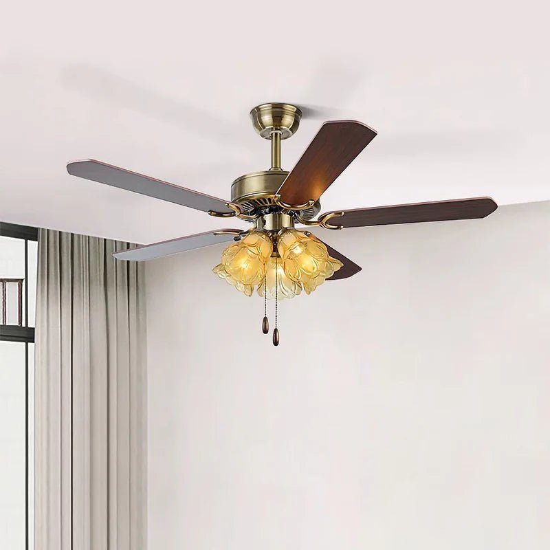 Wooden 5 Blade Ceiling Fan with Vintage Chandelier Light - Bumble Shop