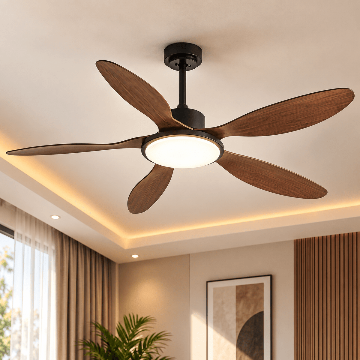 5 Blades Modern Art Ceiling Fan with Light + Remote Control - Dark Wood - Bumble Shop