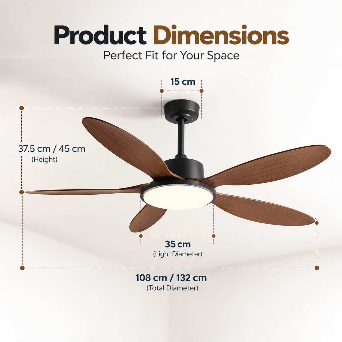 5 Blades Modern Art Ceiling Fan with Light + Remote Control - Dark Wood - Bumble Shop