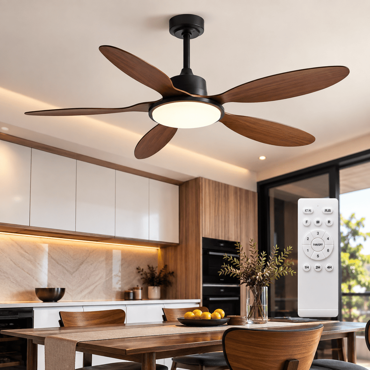 5 Blades Modern Art Ceiling Fan with Light + Remote Control - Dark Wood - Bumble Shop