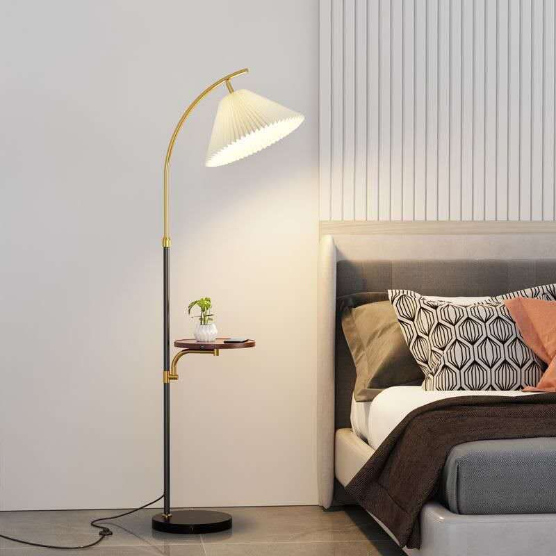 Modern Pleated Floor Lamp with Side Table – 1-Light Standing Lamp with PVC Shade, Iron Frame & Marble Base for Living Room, Bedroom & Reading Corner - Bumble Shop