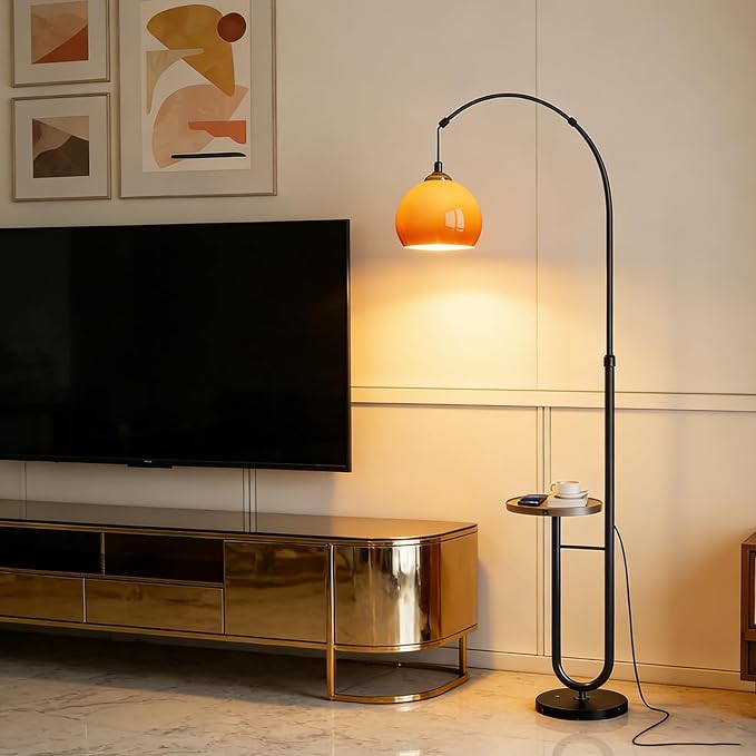 Orange Arch Floor Lamp with End Table – Mid-Century Modern Standing Lamp with Glass Shade, Marble Base & Walnut Finish for Living Room, Bedroom & Reading Corner - Bumble Shop