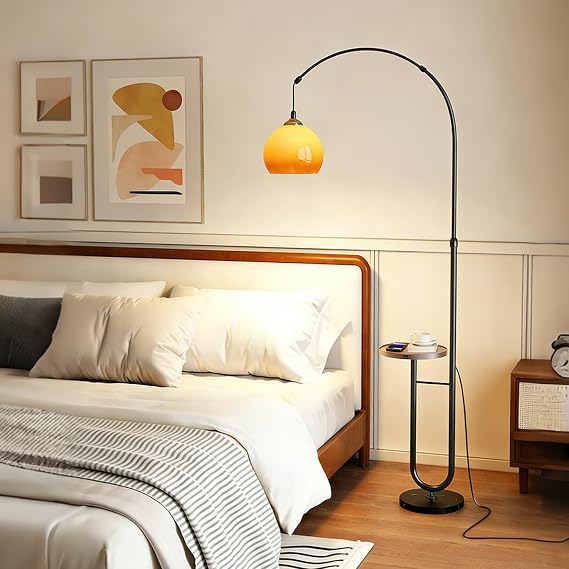 Orange Arch Floor Lamp with End Table – Mid-Century Modern Standing Lamp with Glass Shade, Marble Base & Walnut Finish for Living Room, Bedroom & Reading Corner - Bumble Shop